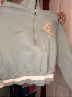 Nike Women's Sage Green Half-Zip Cropped Sweater with White Stripe